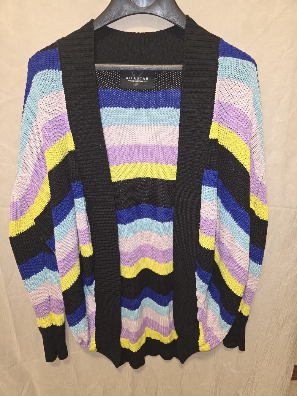 Killstar Black Open Cardigan with Pastel Rainbow Stripes